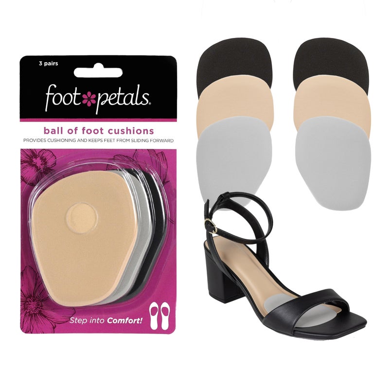 Foot Petals Ball of Foot Cushions Metatarsal Pad Lasting Comfort Relief Prevent Toe Sliding Overhang Womens Heels 3 pair Combo
